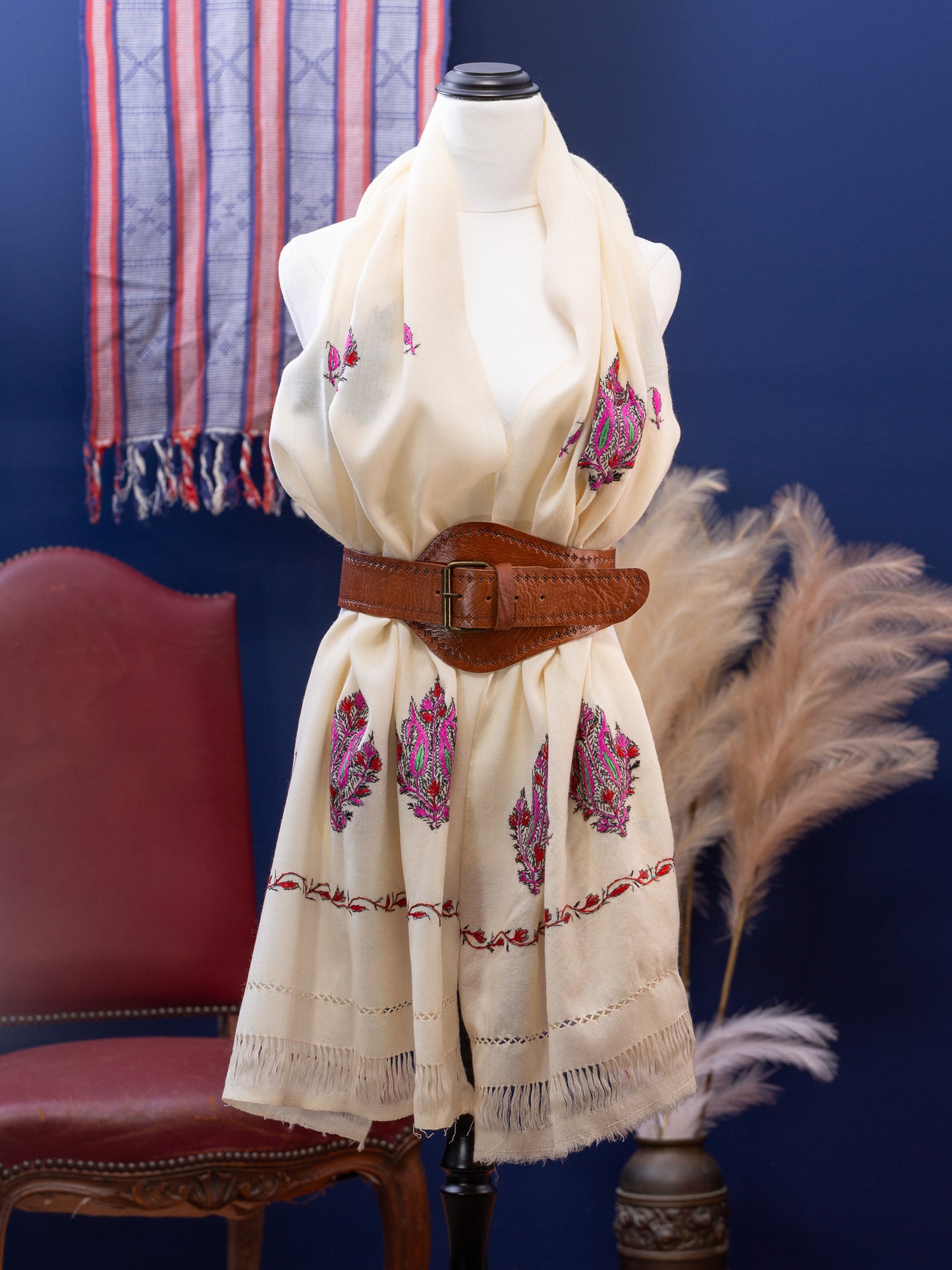 Large Hand Embroidered Vintage Wool Shawl