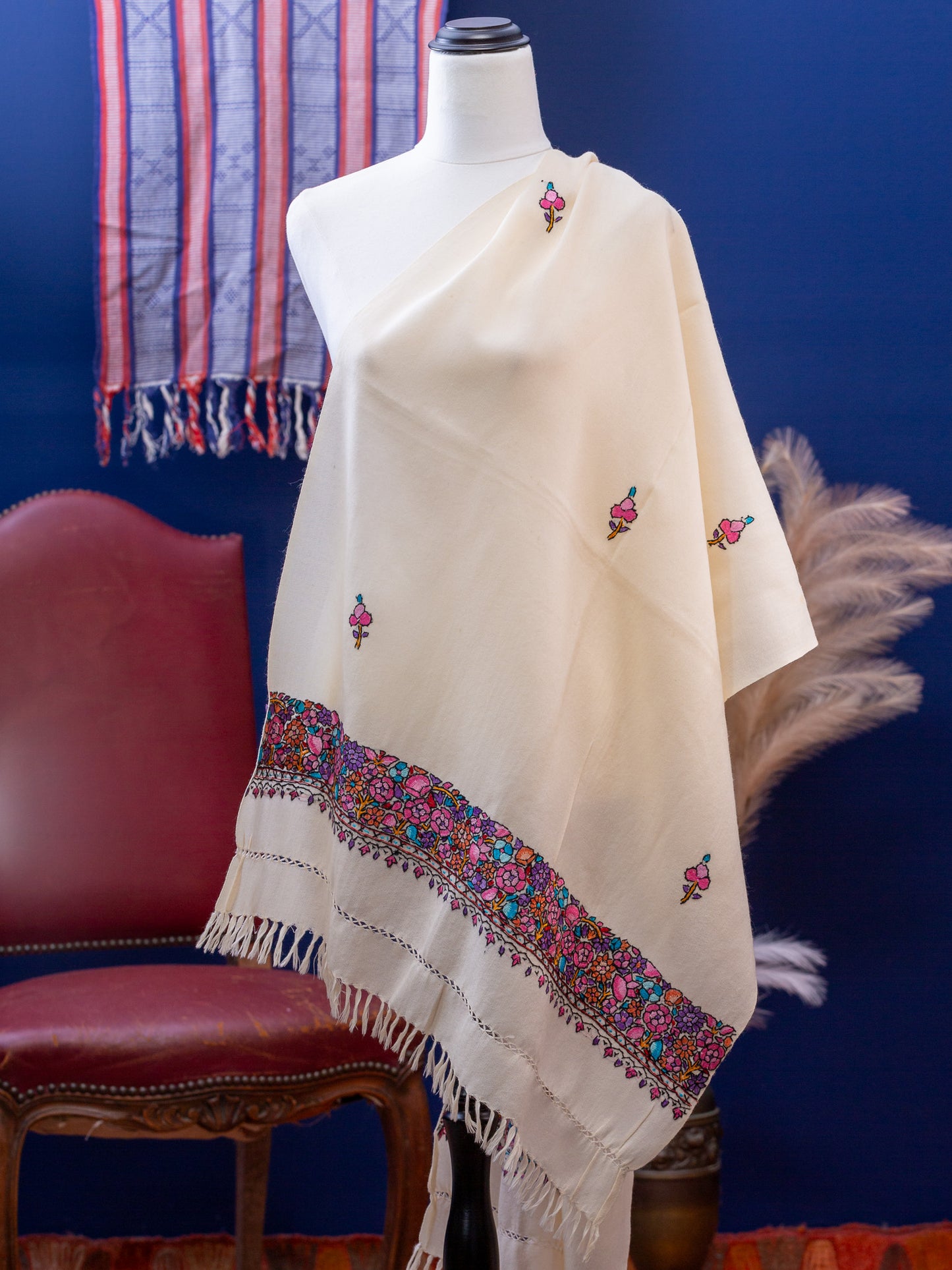 Large Hand Embroidered Vintage Wool Shawl