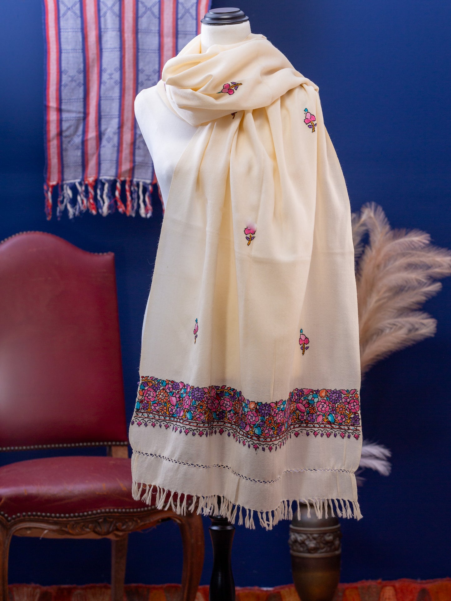 Large Hand Embroidered Vintage Wool Shawl
