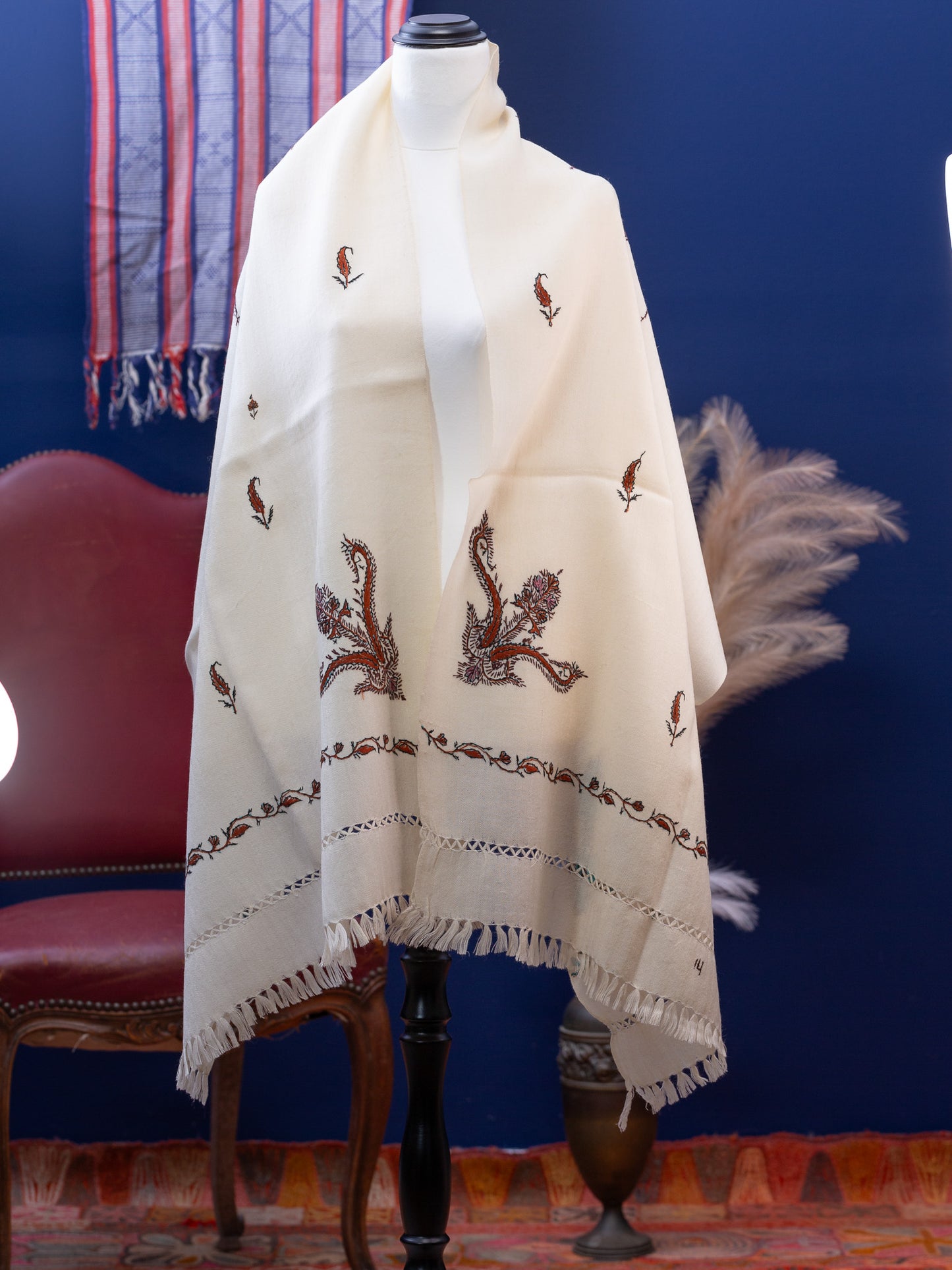 Large Hand Embroidered Vintage Wool Shawl