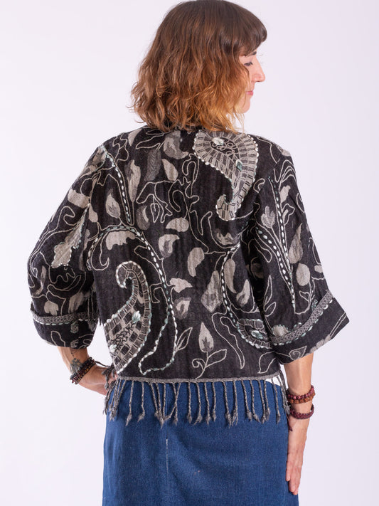 Kashmiri soft fringed wool jacket. Evening Storm. Size 14