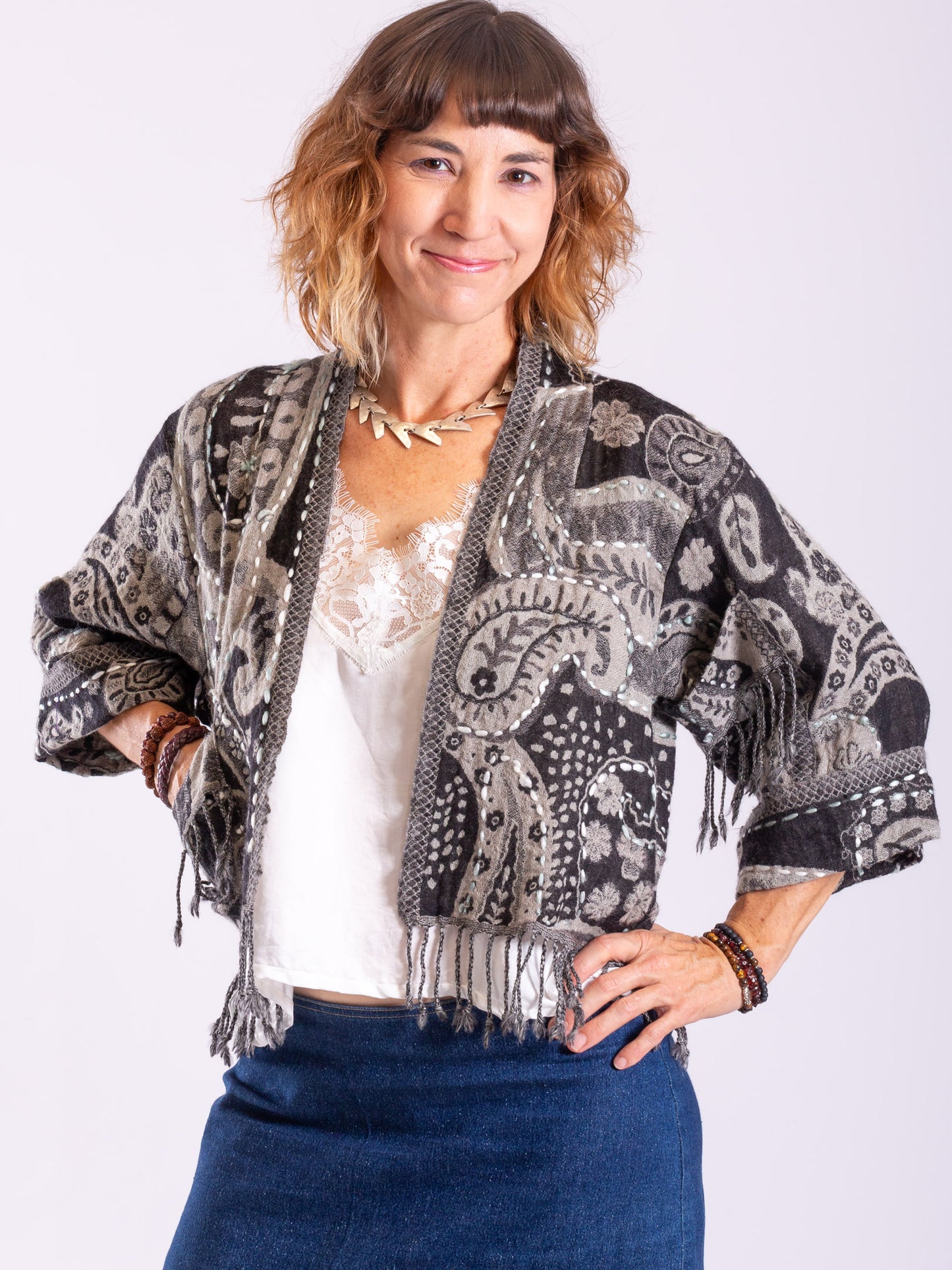 Kashmiri soft fringed wool jacket. Steel Me size 12