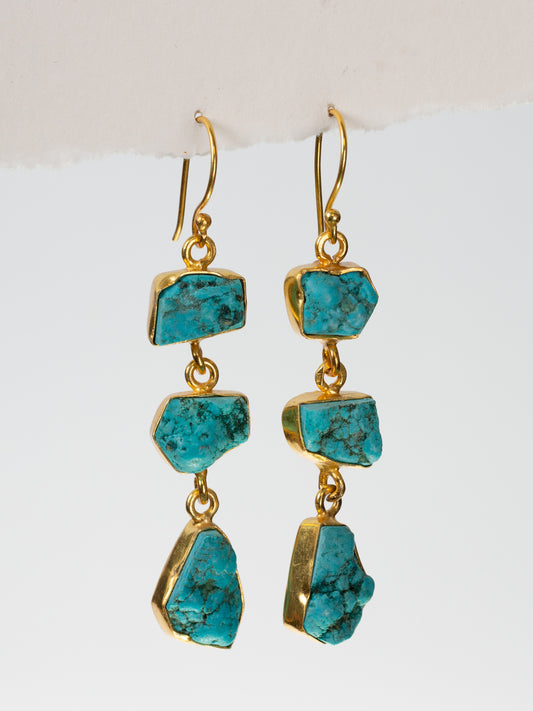 Gold Luxe earrings - triple drop gems raw turquoise