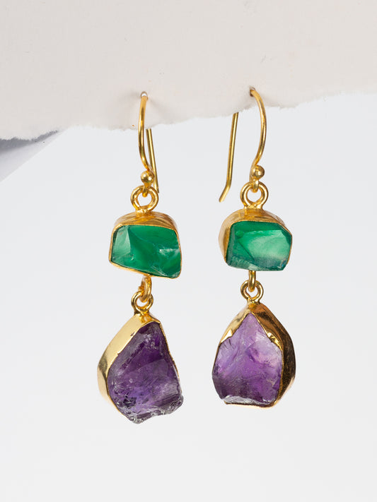 Gold Luxe earrings - Green & Purple double drop dangles