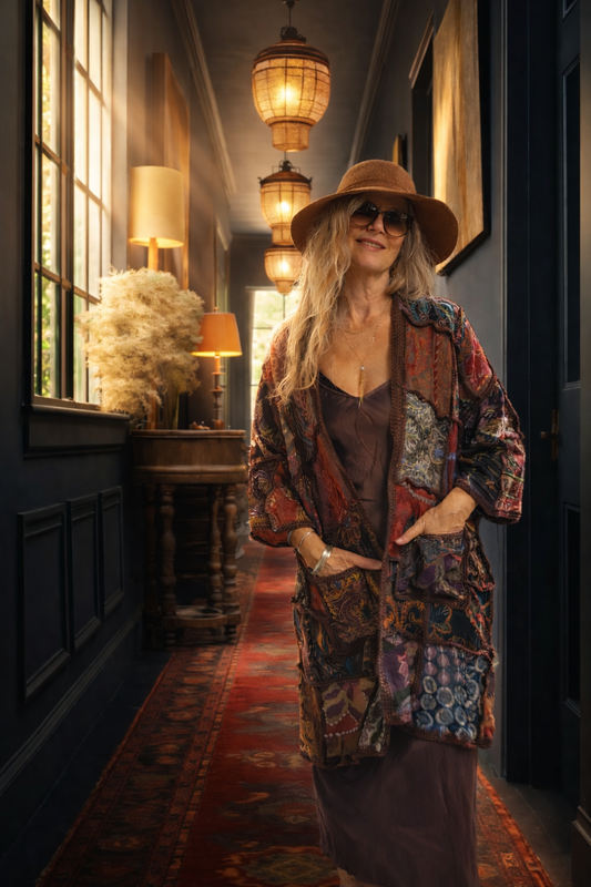Woman in a patchwork knitted and crocheted coat and hat standing in a stylishly decorated hallway.