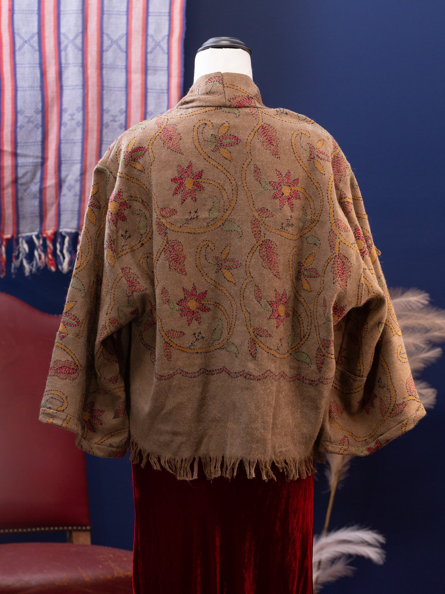 Kashmiri soft fringed wool jacket. Embroidered Vines. Size 14