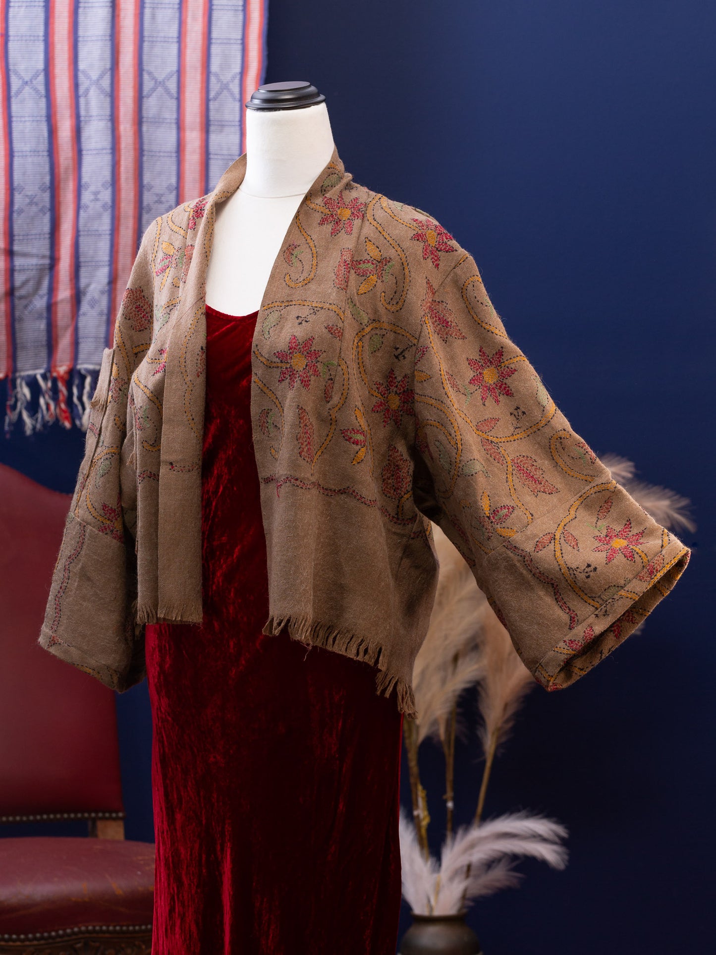 Kashmiri soft fringed wool jacket. Embroidered Vines. Size 14