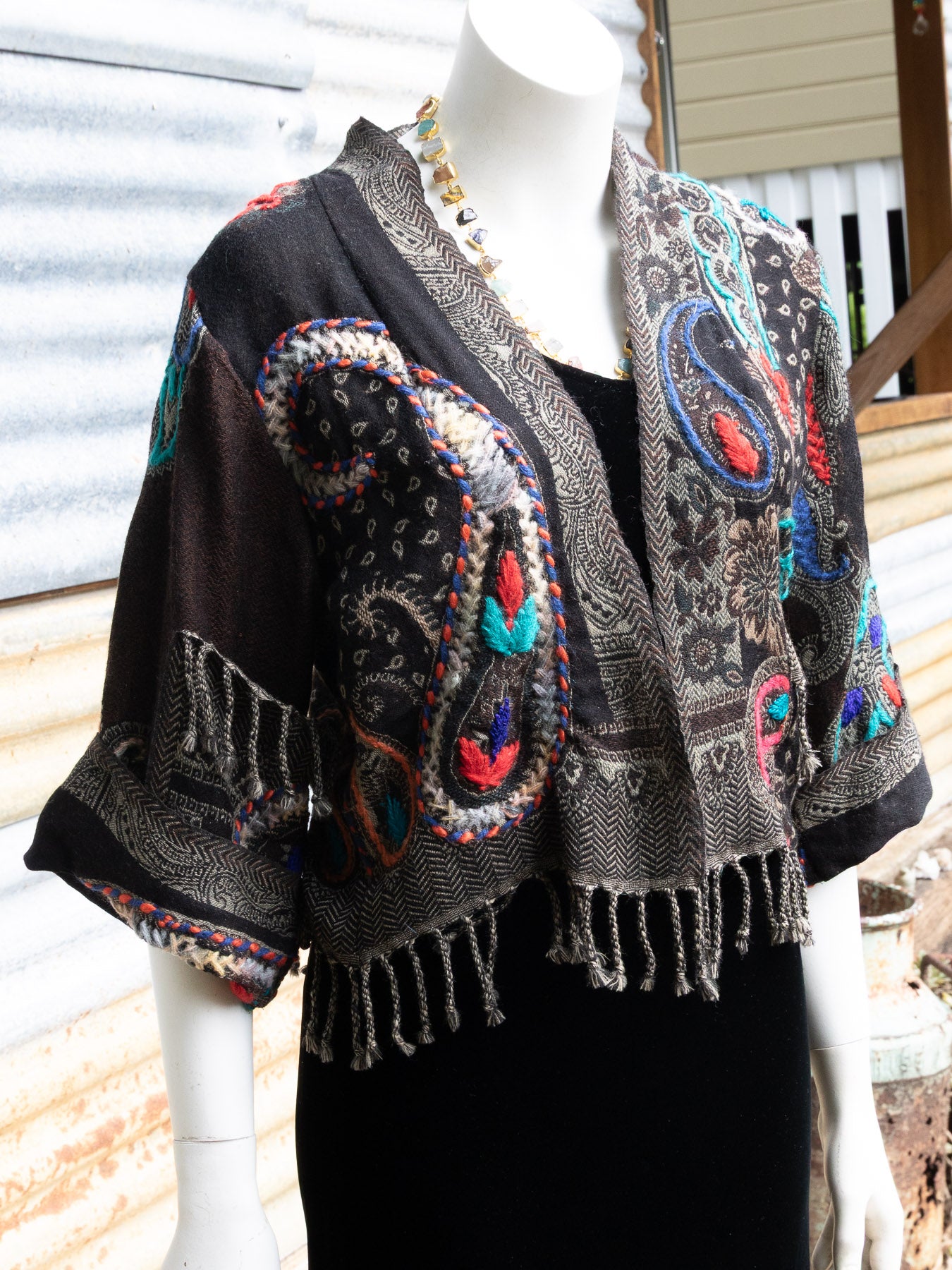 Kashmiri soft fringed wool jacket. Monochromatic Paisley Size 12