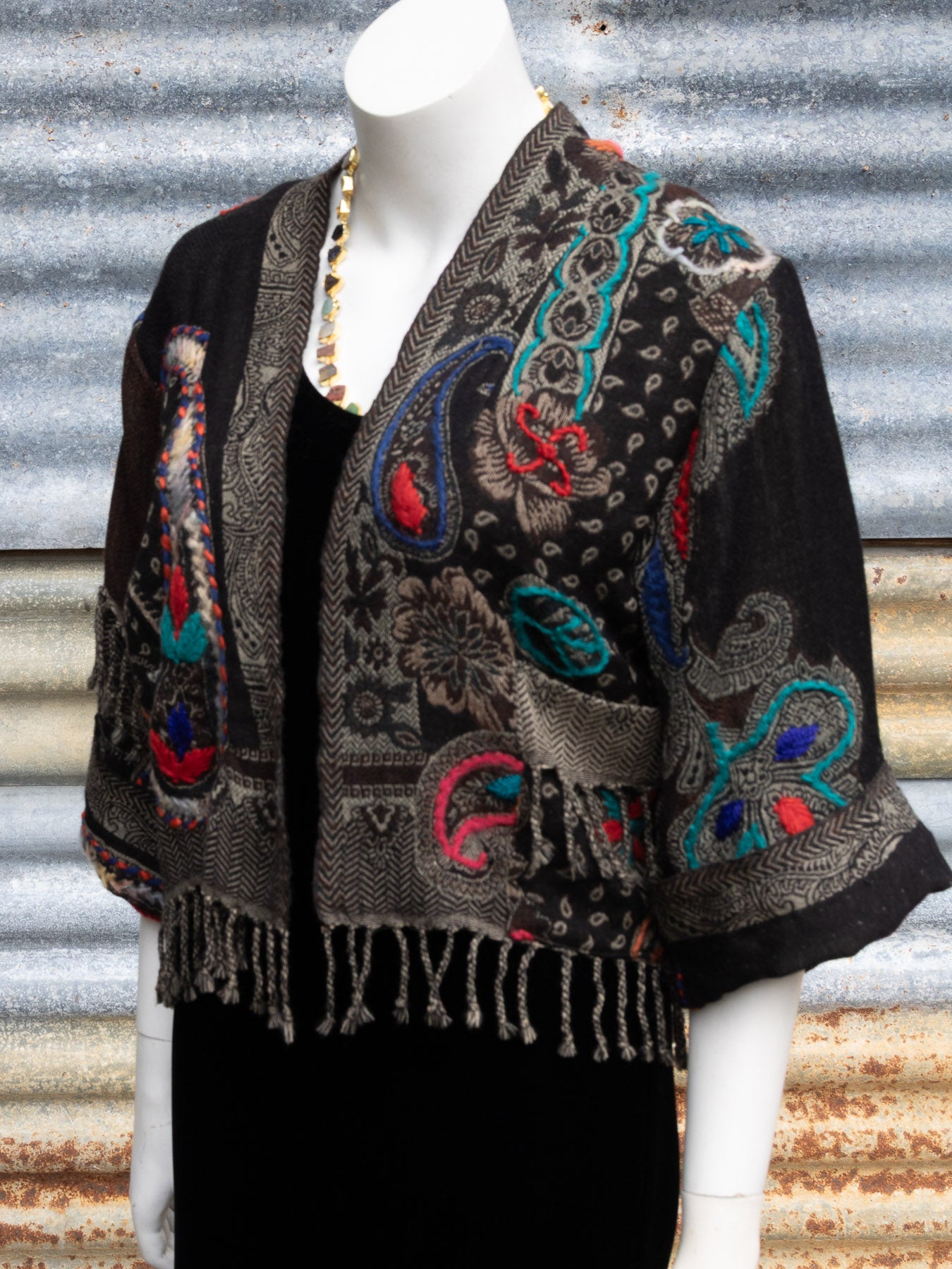 Kashmiri soft fringed wool jacket. Monochromatic Paisley Size 12