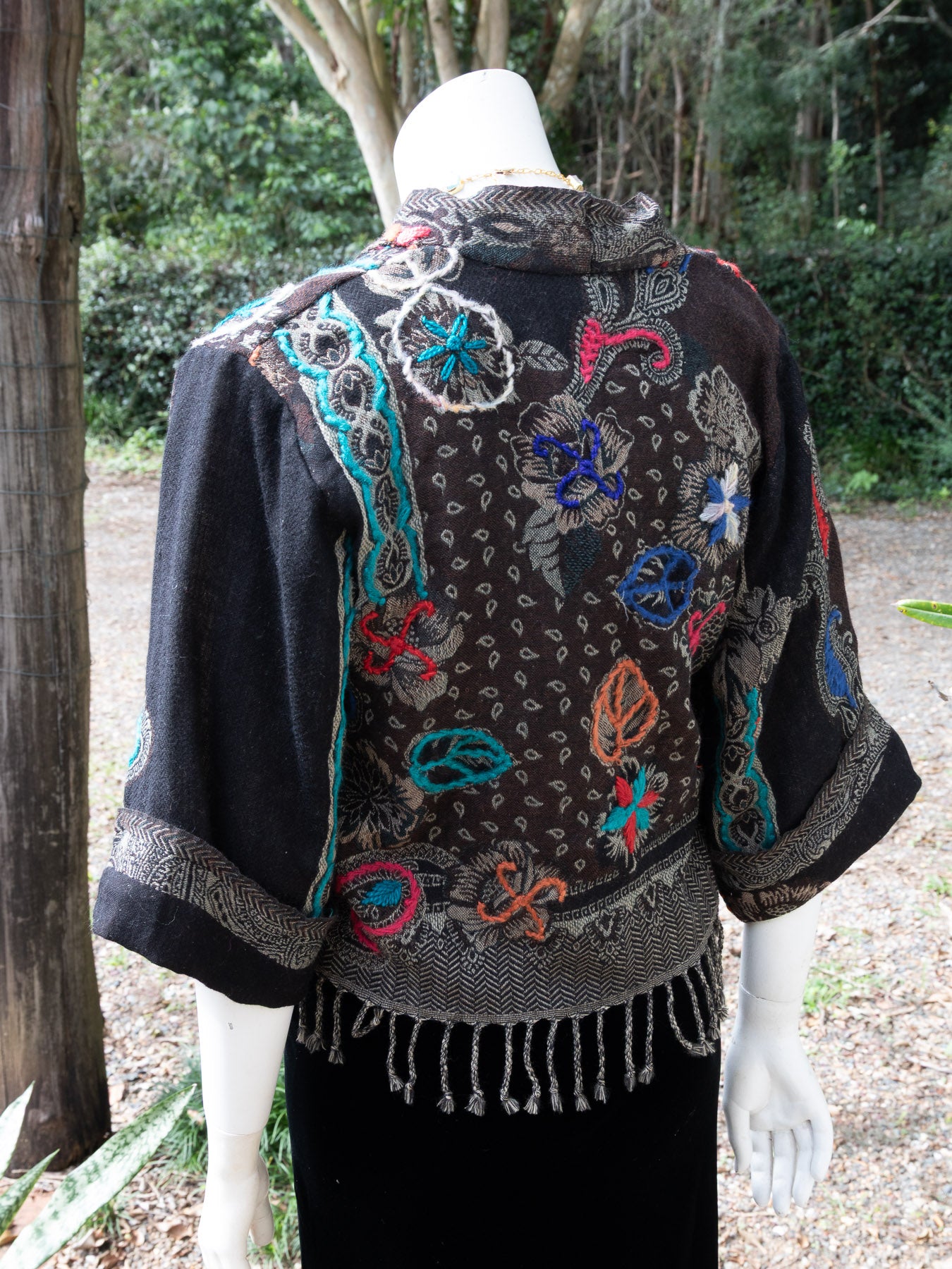 Kashmiri soft fringed wool jacket. Monochromatic Paisley Size 12