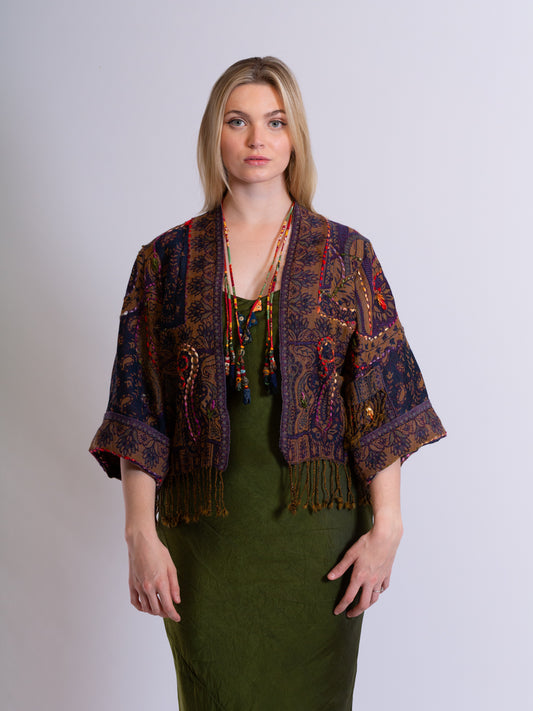 Kashmiri soft fringed wool jacket. Flourishing Ornament Size 14