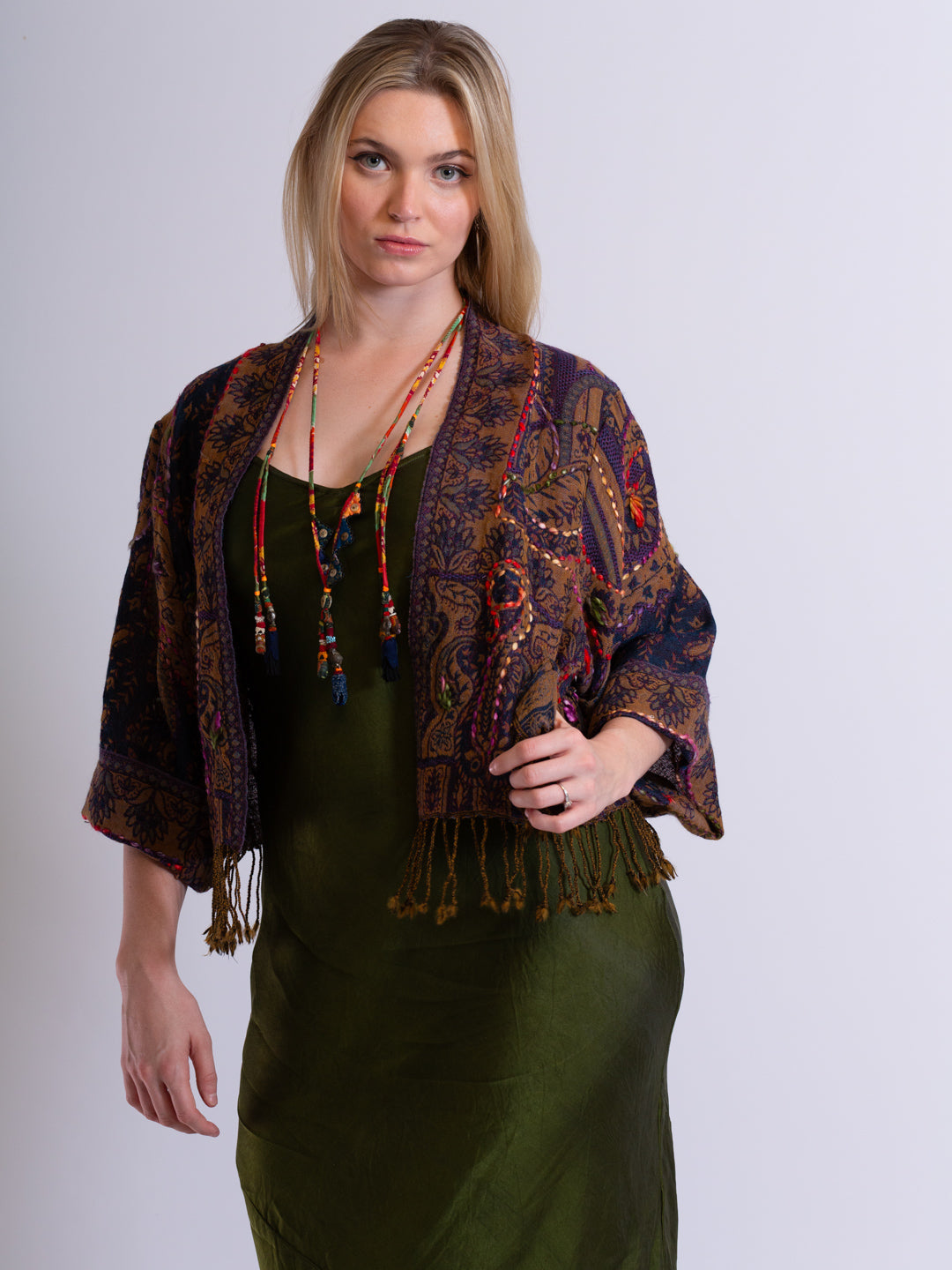 Kashmiri soft fringed wool jacket. Flourishing Ornament Size 14