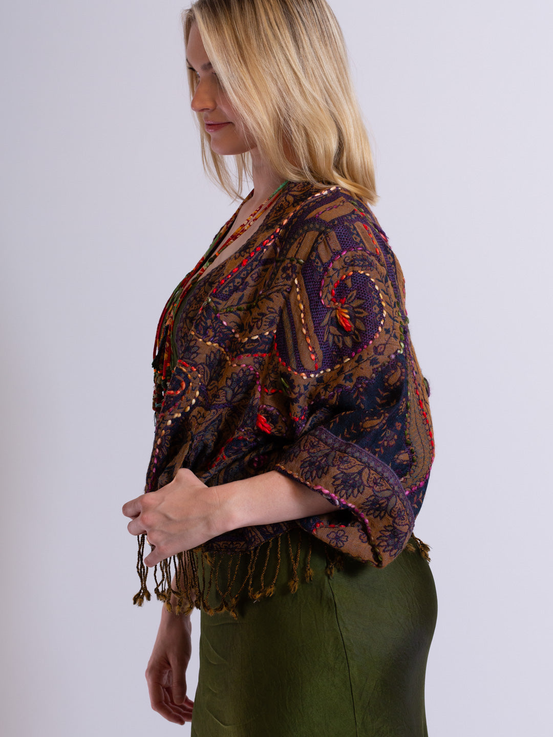 Kashmiri soft fringed wool jacket. Flourishing Ornament Size 14