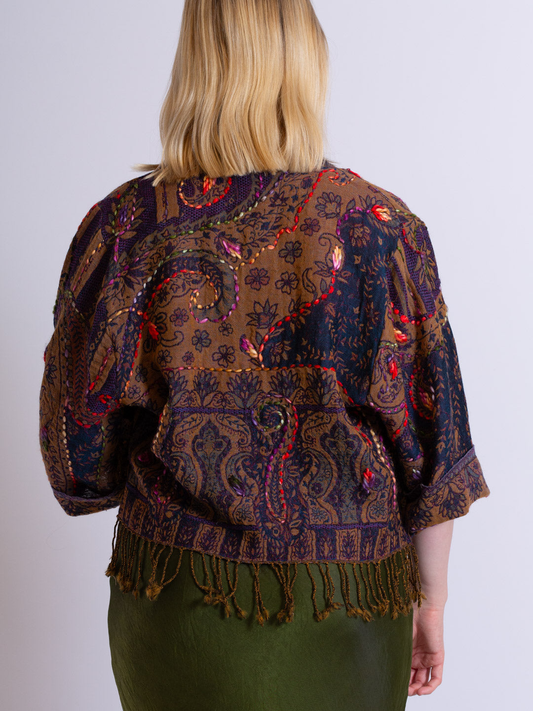 Kashmiri soft fringed wool jacket. Flourishing Ornament Size 14