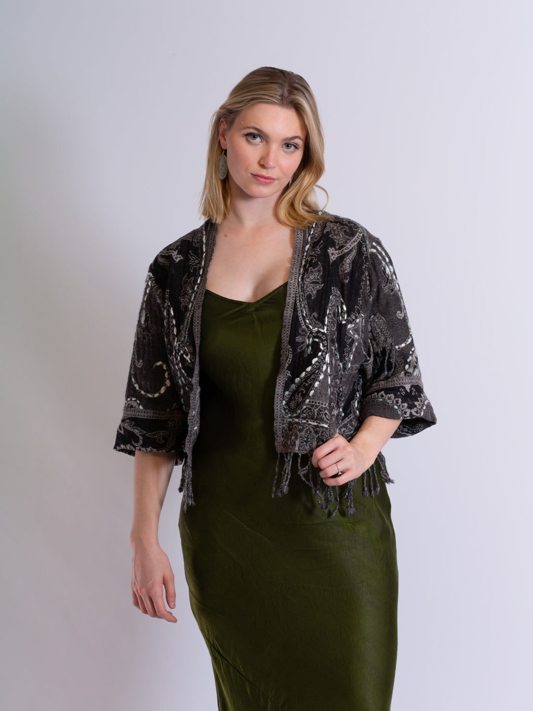 Kashmiri soft fringed wool jacket. Deep dark ocean. Size 12