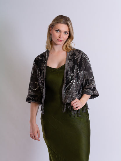 Kashmiri soft fringed wool jacket. Deep dark ocean. Size 12