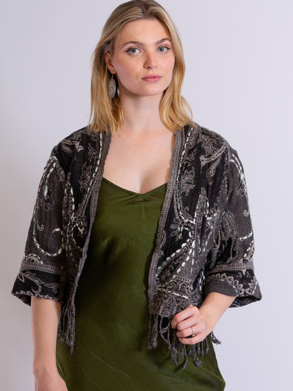 Kashmiri soft fringed wool jacket. Deep dark ocean. Size 12