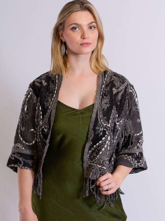 Kashmiri soft fringed wool jacket. Deep dark ocean. Size 12