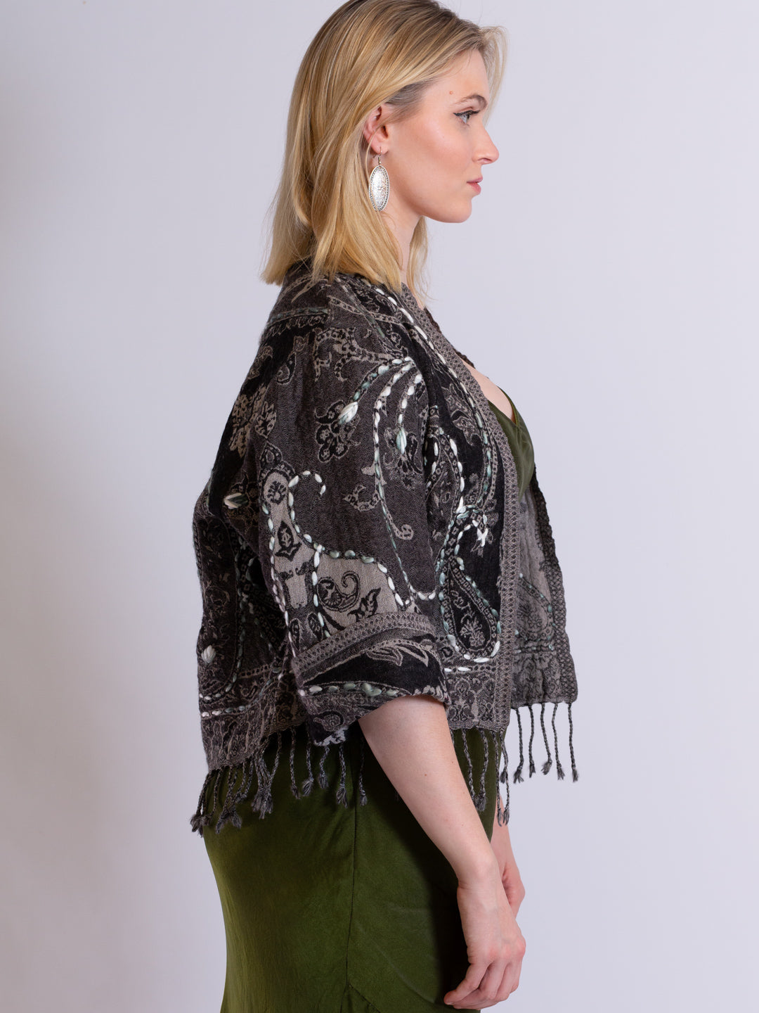 Kashmiri soft fringed wool jacket. Deep dark ocean. Size 12