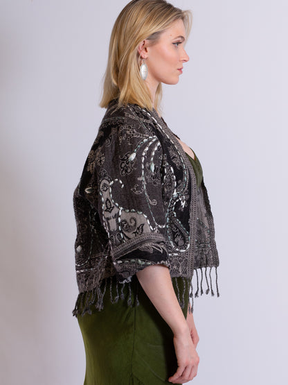 Kashmiri soft fringed wool jacket. Deep dark ocean. Size 12