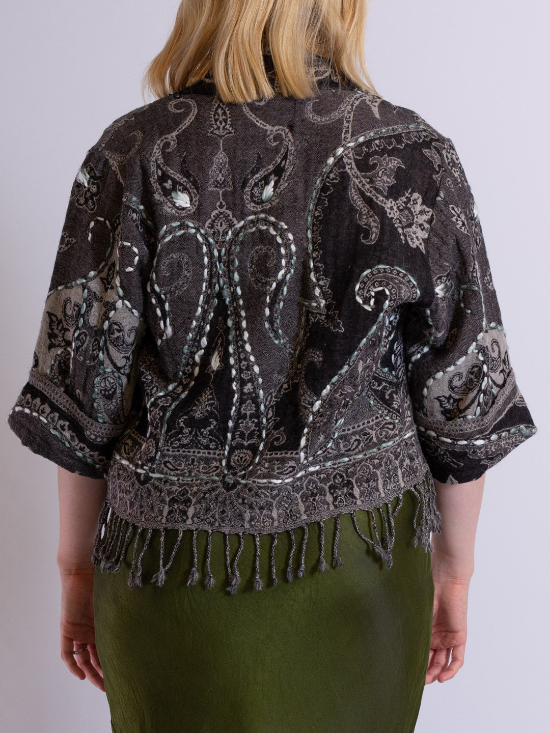 Kashmiri soft fringed wool jacket. Deep dark ocean. Size 12