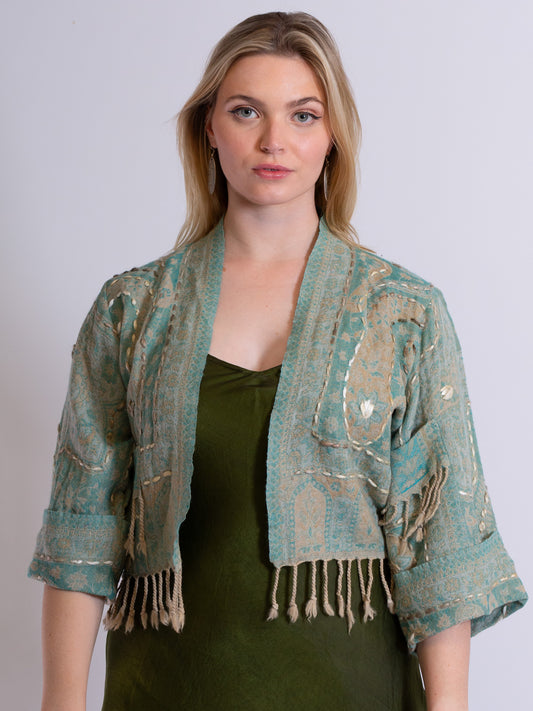 Kashmiri soft fringed wool jacket. Aqua. Size 10