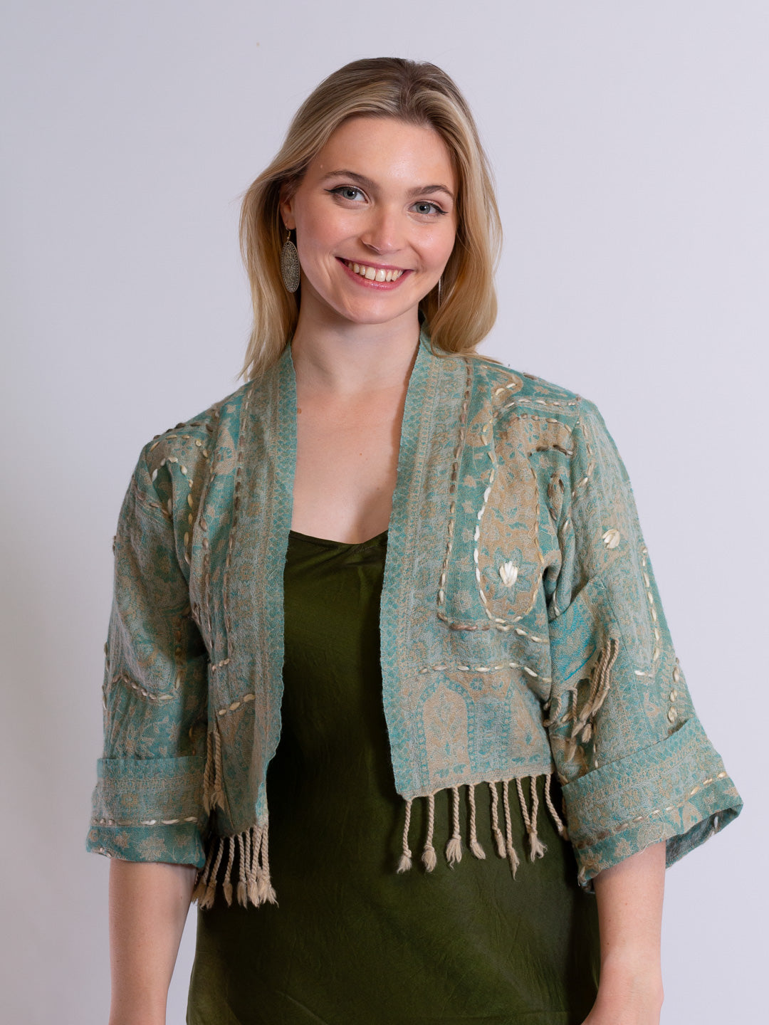 Kashmiri soft fringed wool jacket. Aqua. Size 10