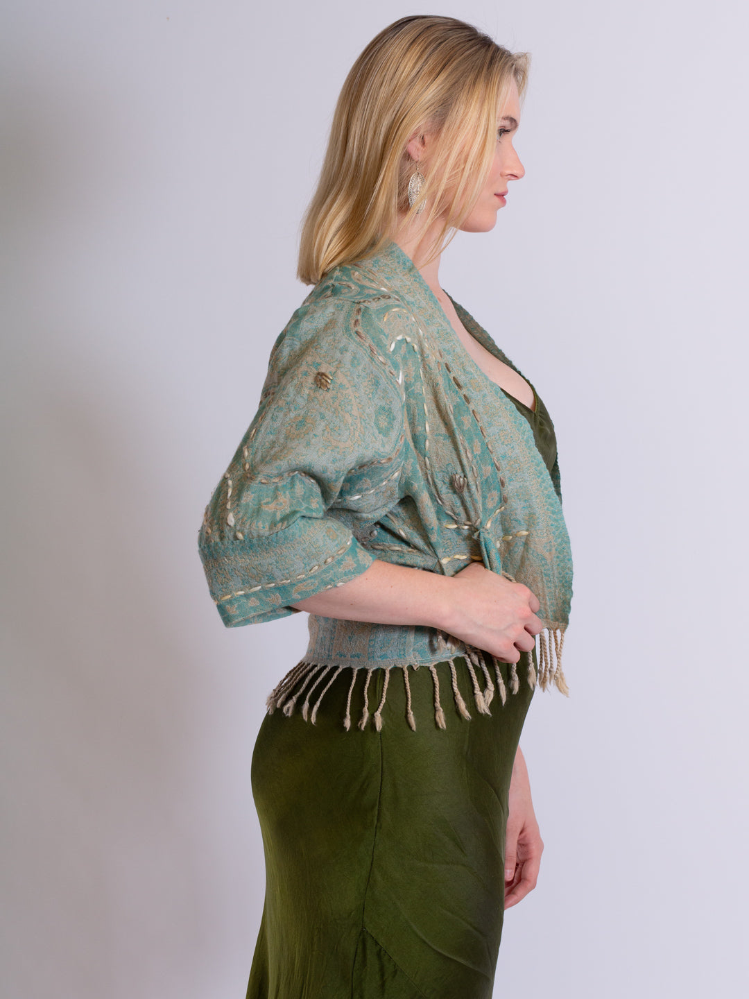 Kashmiri soft fringed wool jacket. Aqua. Size 10