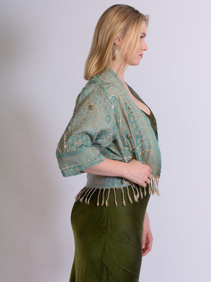 Kashmiri soft fringed wool jacket. Aqua. Size 10