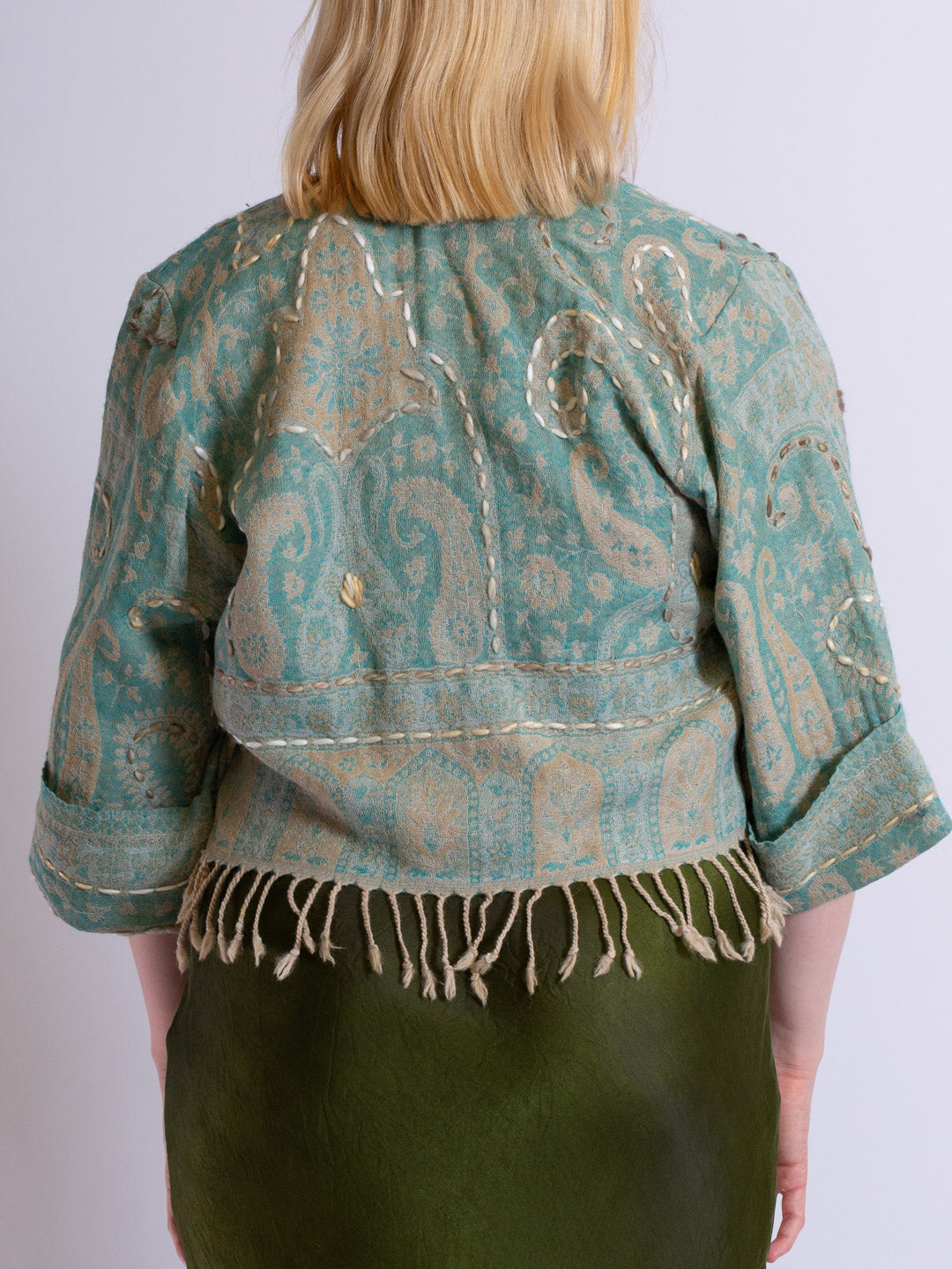 Kashmiri soft fringed wool jacket. Aqua. Size 10