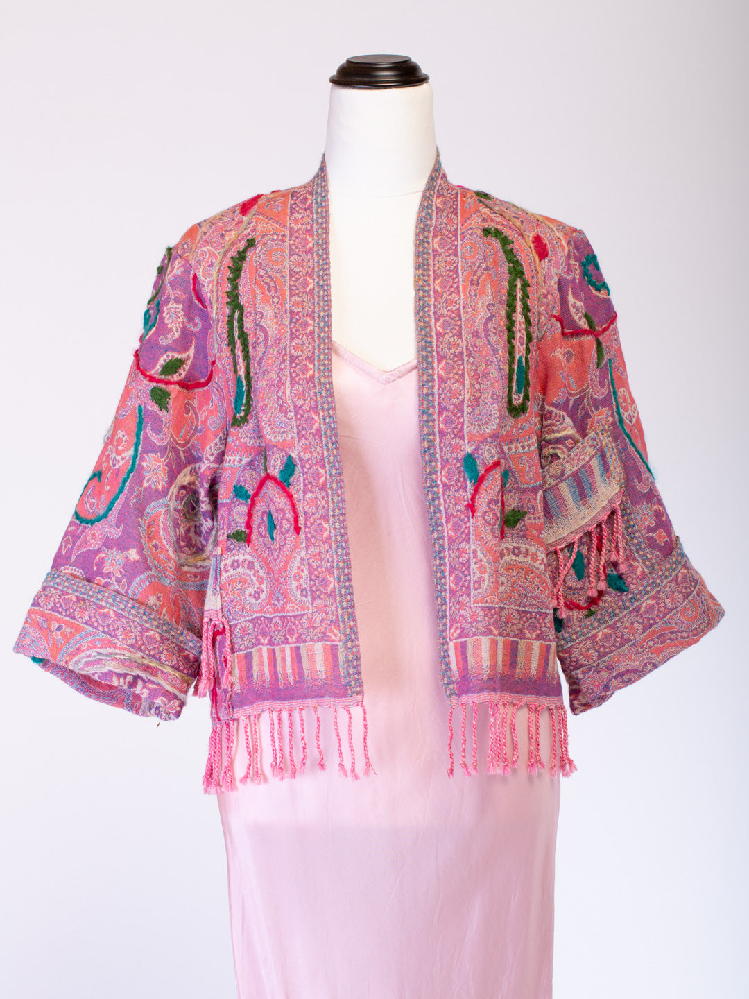 Kashmiri soft fringed wool jacket. Pink Party. Size 12