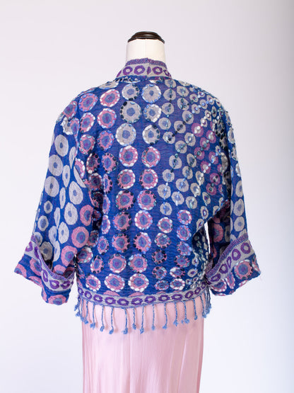 Kashmiri soft fringed wool jacket. Violet Pointillism. Size 12