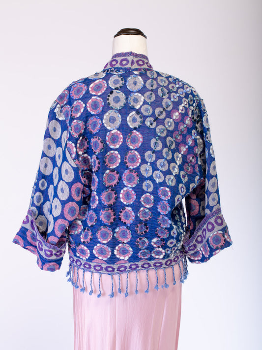 Kashmiri soft fringed wool jacket. Violet Pointillism. Size 12