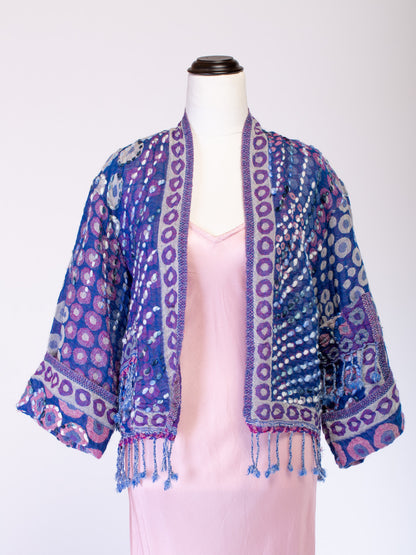 Kashmiri soft fringed wool jacket. Violet Pointillism. Size 12