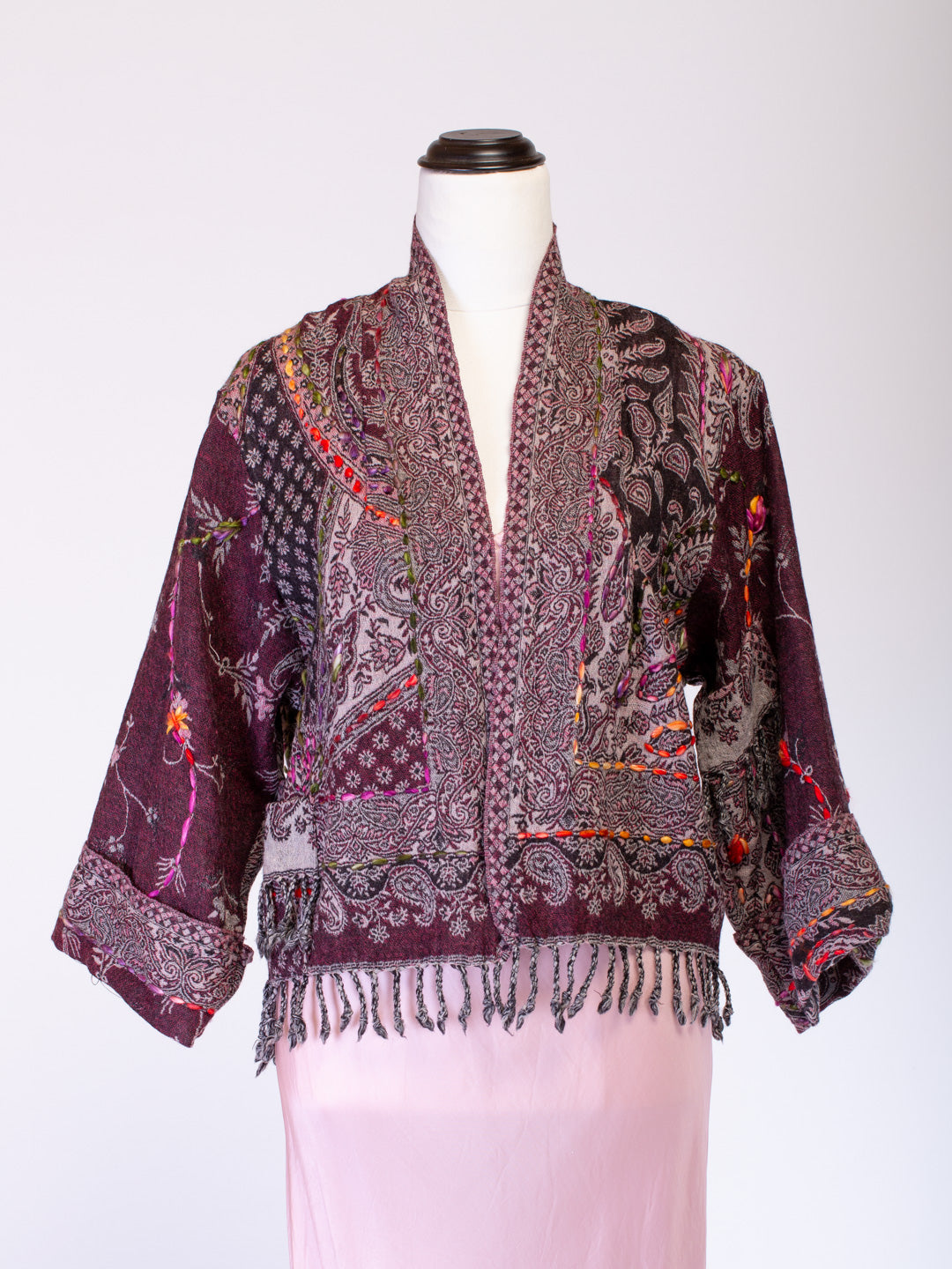 Kashmiri soft fringed wool jacket. Purple Tones. Size 12