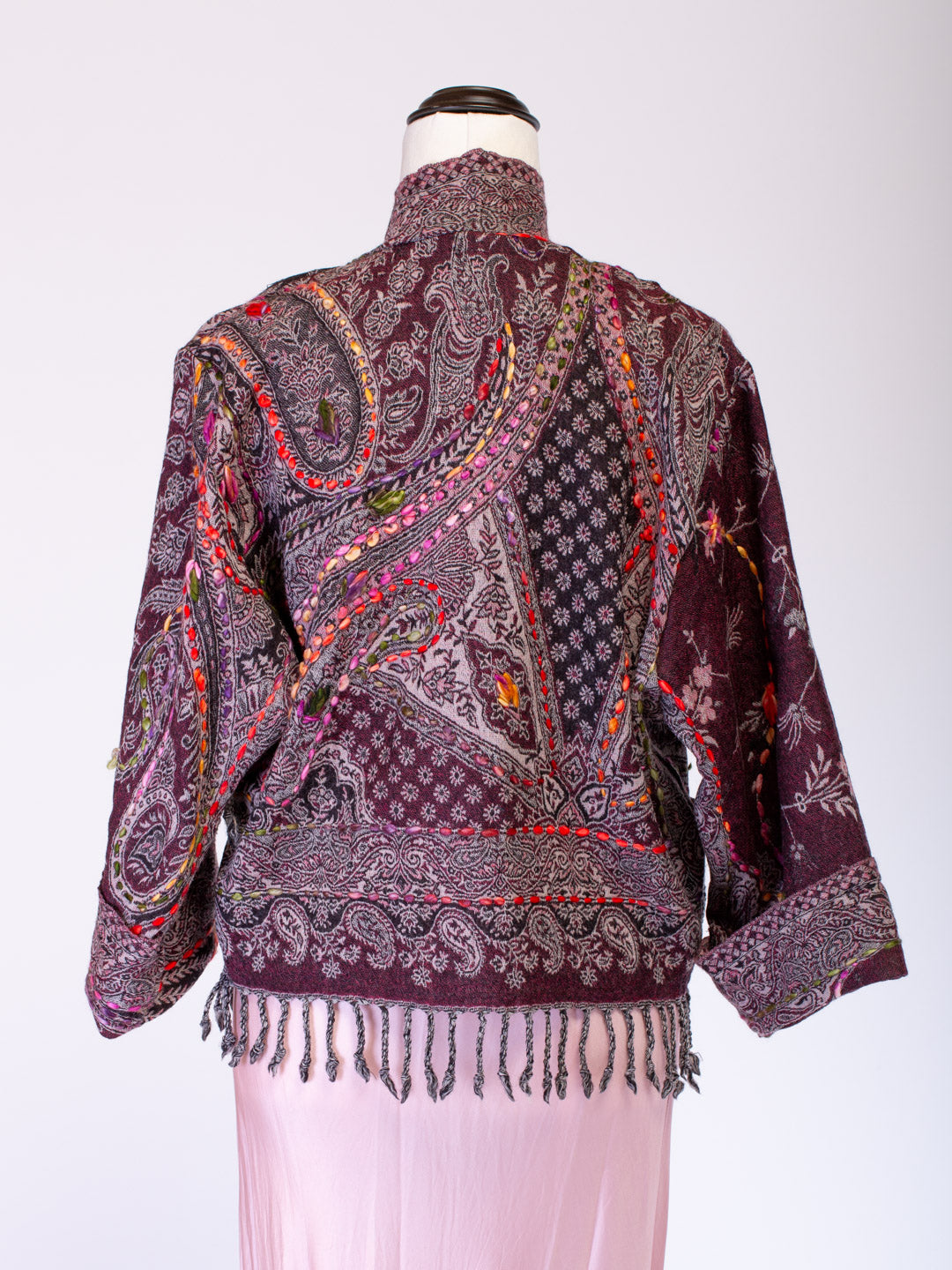 Kashmiri soft fringed wool jacket. Purple Tones. Size 12