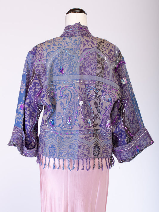 One-of-a-kind Kashmiri jacket, 100% wool, hand-embroidered and reworked from sourced textiles.
