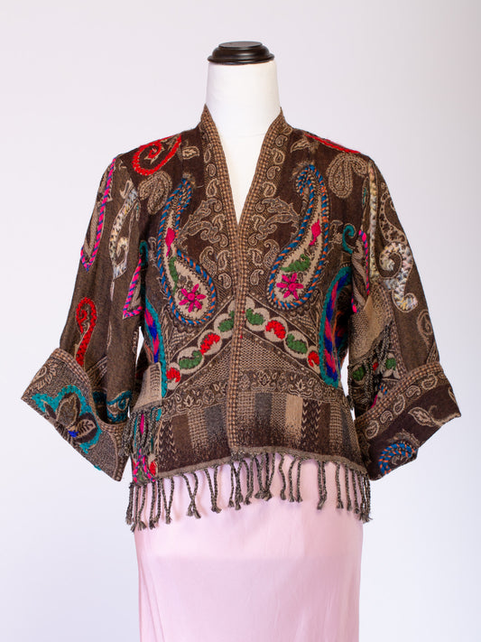 Kashmiri soft fringed wool jacket. Rich Paisley Design. Size 12