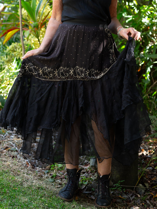 Silk & Sheer Tiered Ruffle Skirt "Paisley Gala"