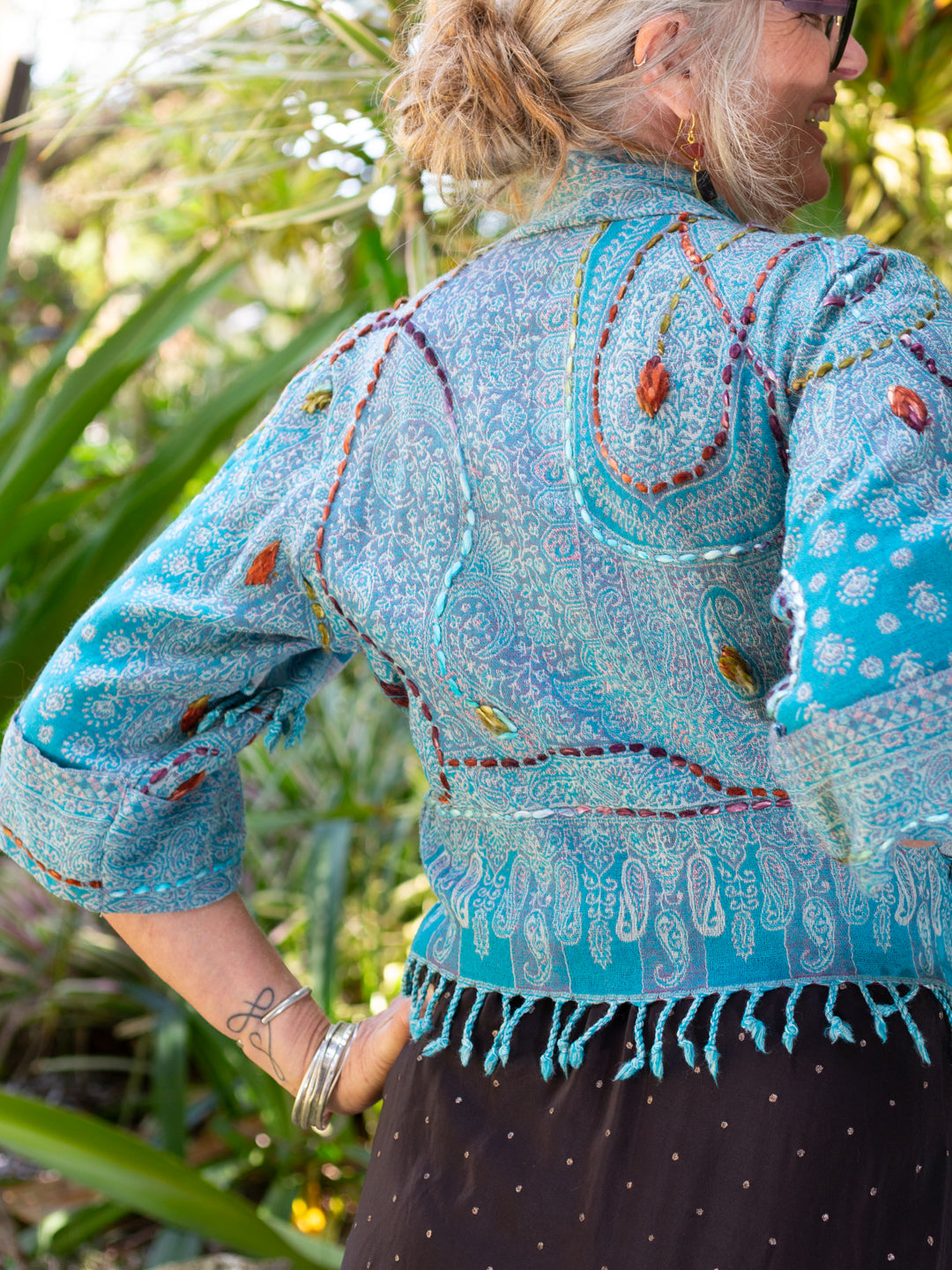 Kashmiri soft fringed wool jacket. Aqua. Size 10