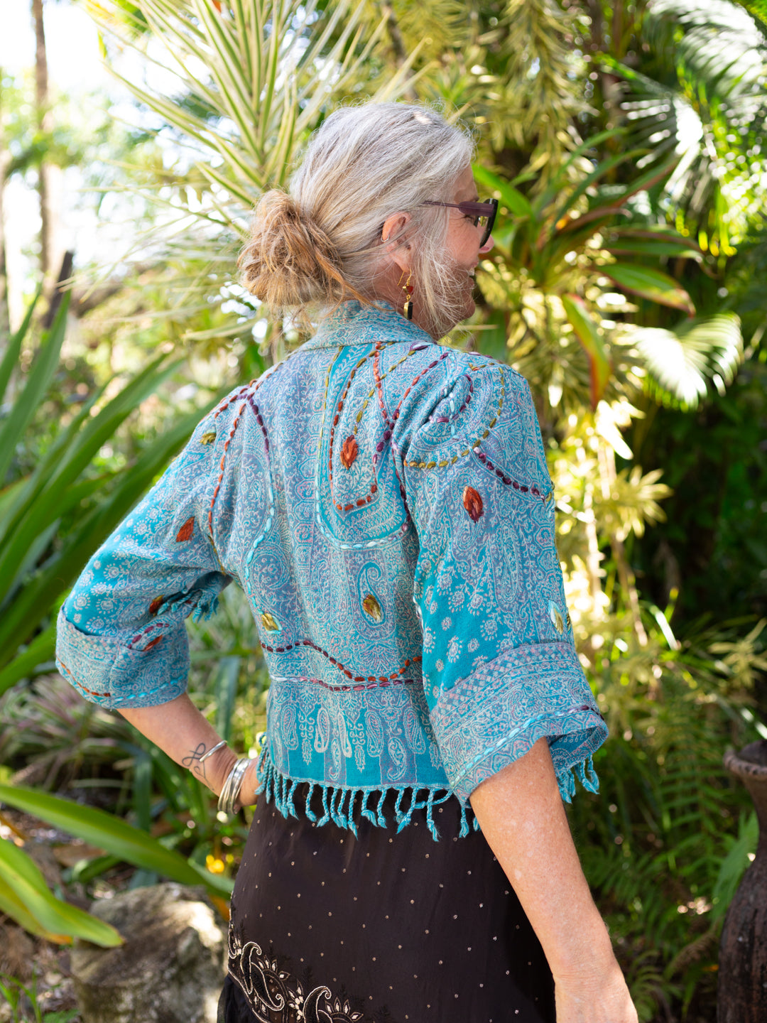 Kashmiri soft fringed wool jacket. Aqua. Size 10