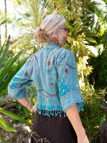 Kashmiri soft fringed wool jacket. Aqua. Size 10