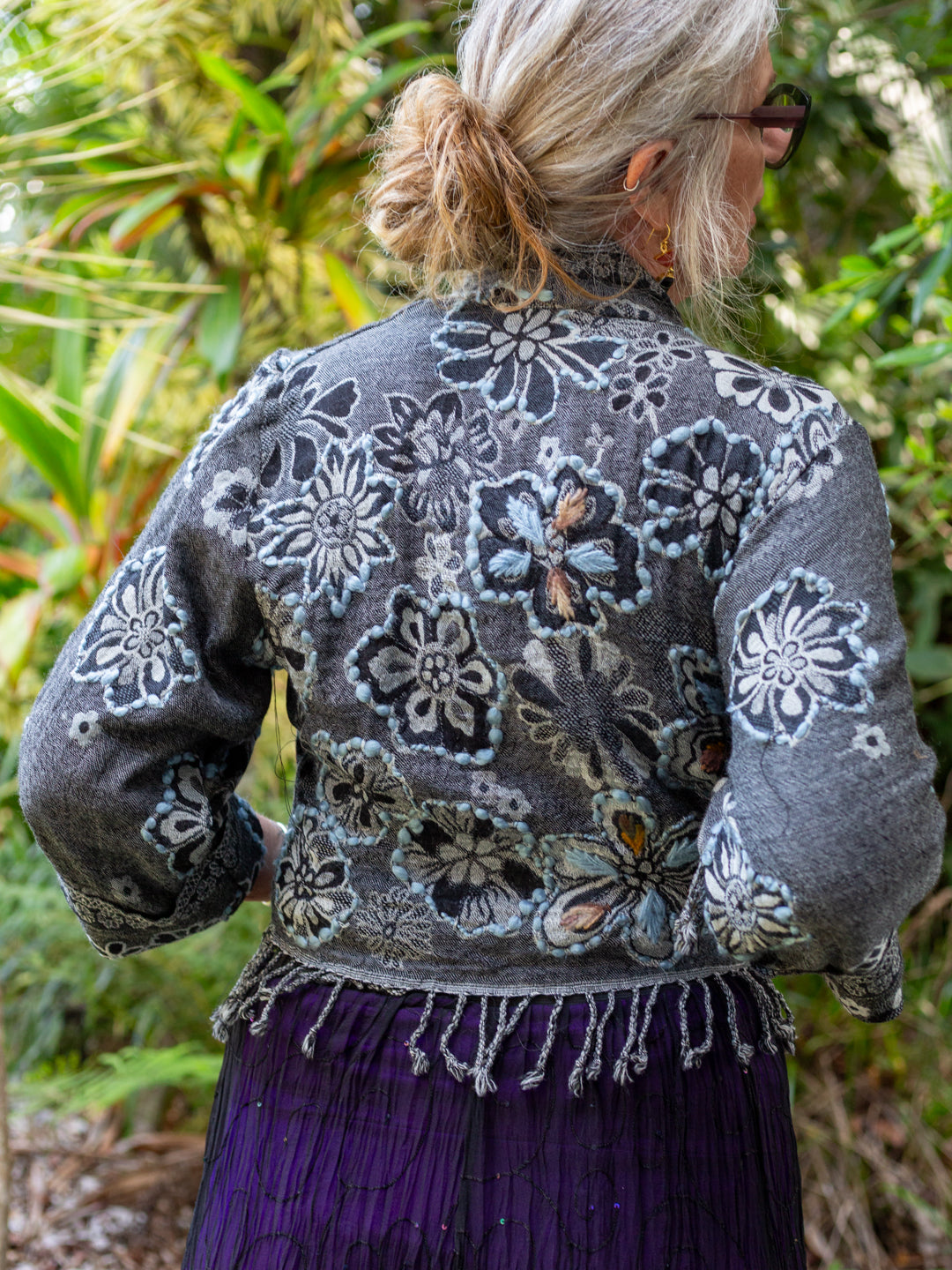Kashmiri soft fringed wool jacket. Ashen Bloom size 10