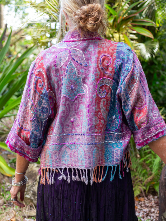 Kashmiri soft fringed wool jacket. Heirloom Alcove. Size 14