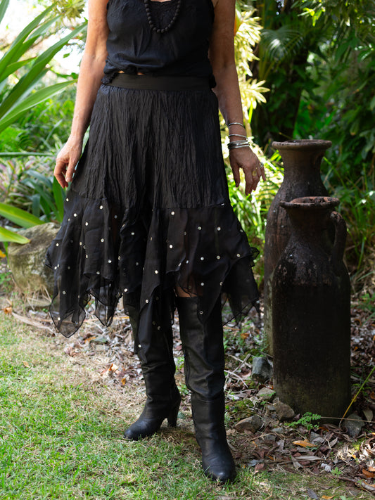 Silk & Sheer Tiered Ruffle Skirt "Dotty Reveller"