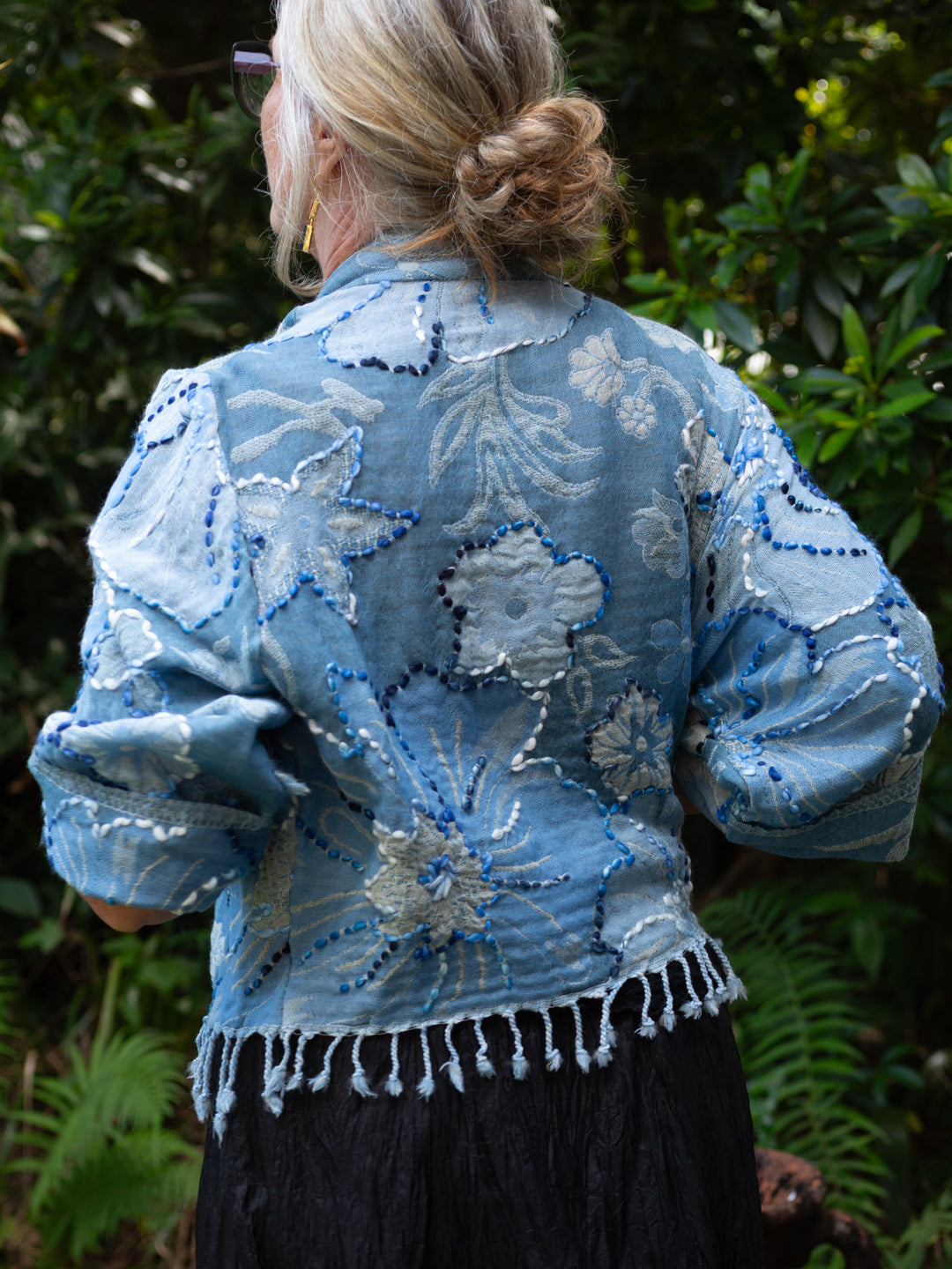 Kashmiri soft fringed wool jacket. Blue Blossom Size 14