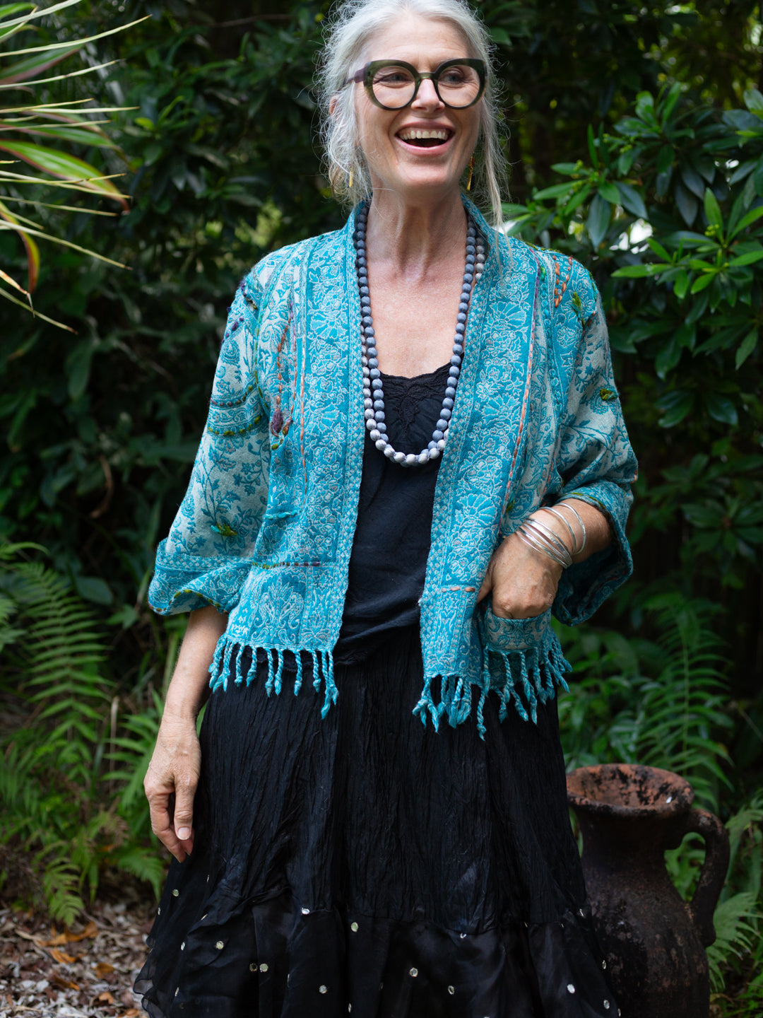 Kashmiri soft fringed wool jacket. Peacock Pride Size 14