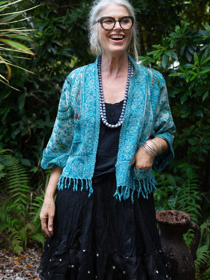 Kashmiri soft fringed wool jacket. Peacock Pride Size 14