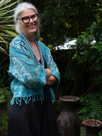 Kashmiri soft fringed wool jacket. Peacock Pride Size 14