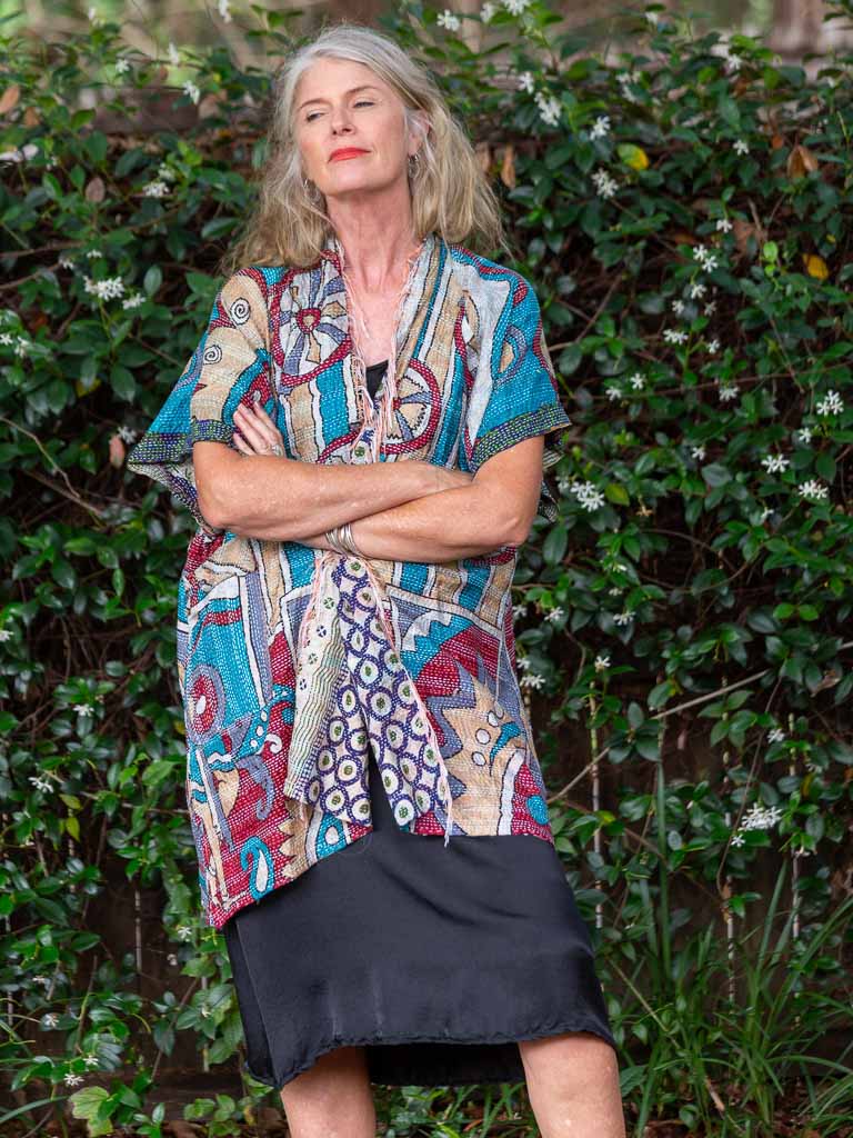 Kimono - silk reversible featuring hand stitching and pockets - Bold Graphic designs